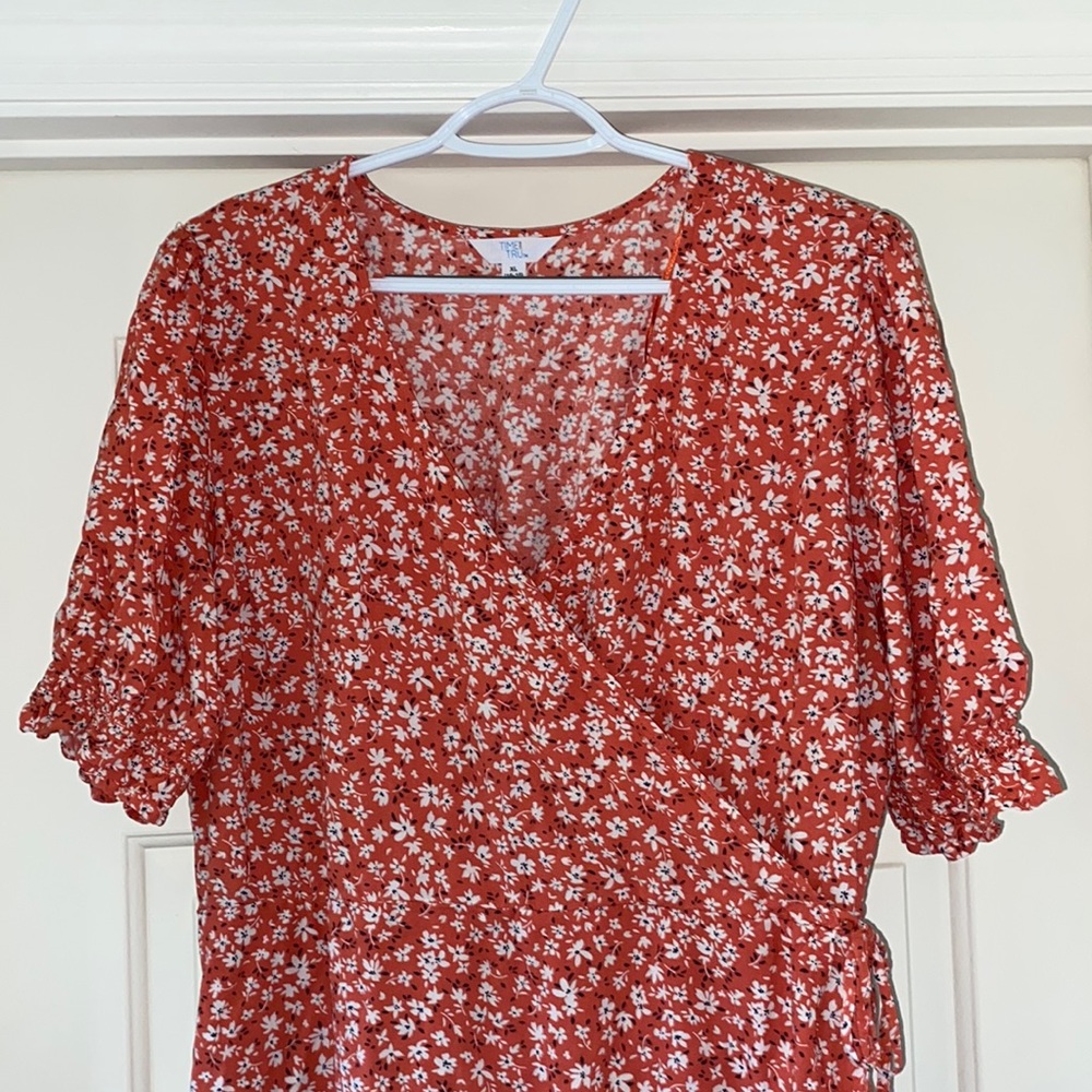 Orange with white floral print wrap dress - tied side